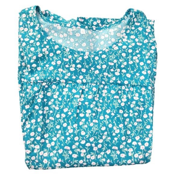 Womens Plus size 1X and 2X Teal/Pink Ditsy Floral Round Neck Short Sleeve Blouse - Picture 8 of 12